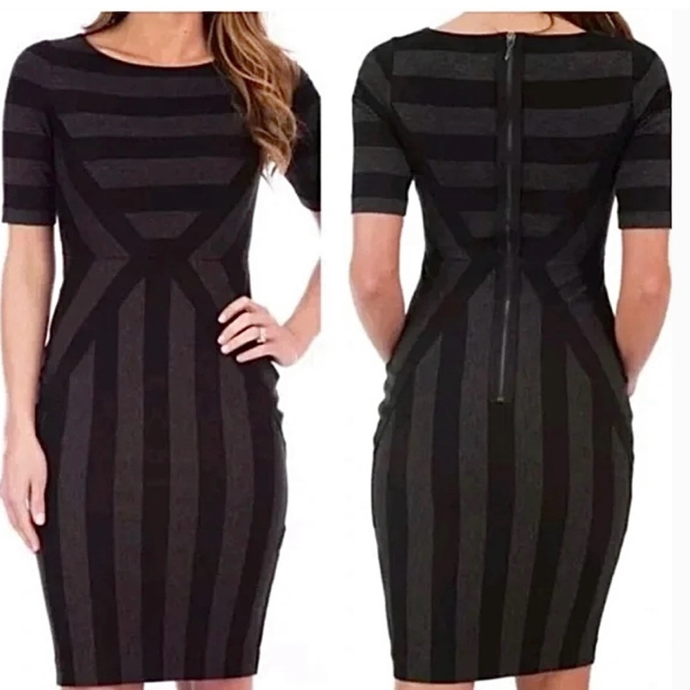 Anthropologie Maeve Geoplane Black Dark Gray Stripe Form Fitting Pencil Dress